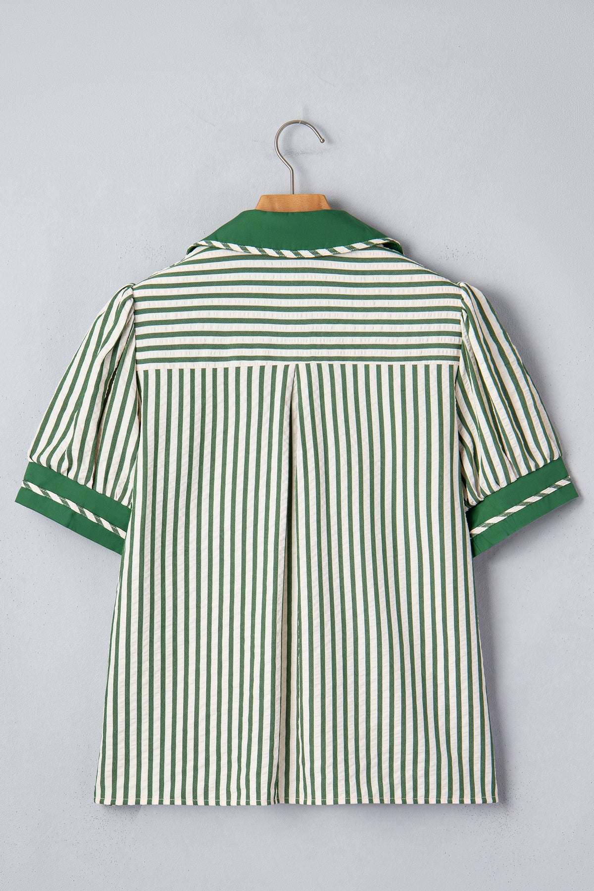Green stripe blouse by Dear-Lover with a split neck, collared design, short bubble sleeves, made of polyester and viscose.
