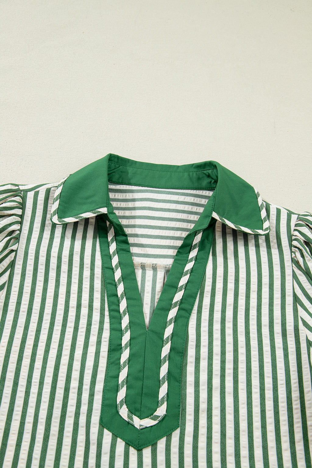 Green stripe collared blouse with split neck and short bubble sleeves from Dear-Lover, made of polyester and viscose.