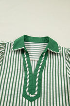 Green stripe collared blouse with split neck and short bubble sleeves from Dear-Lover, made of polyester and viscose.
