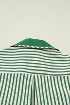 Green stripe collared blouse with split neck and short bubble sleeves, made of polyester and viscose, by Dear-Lover Dropshipping.