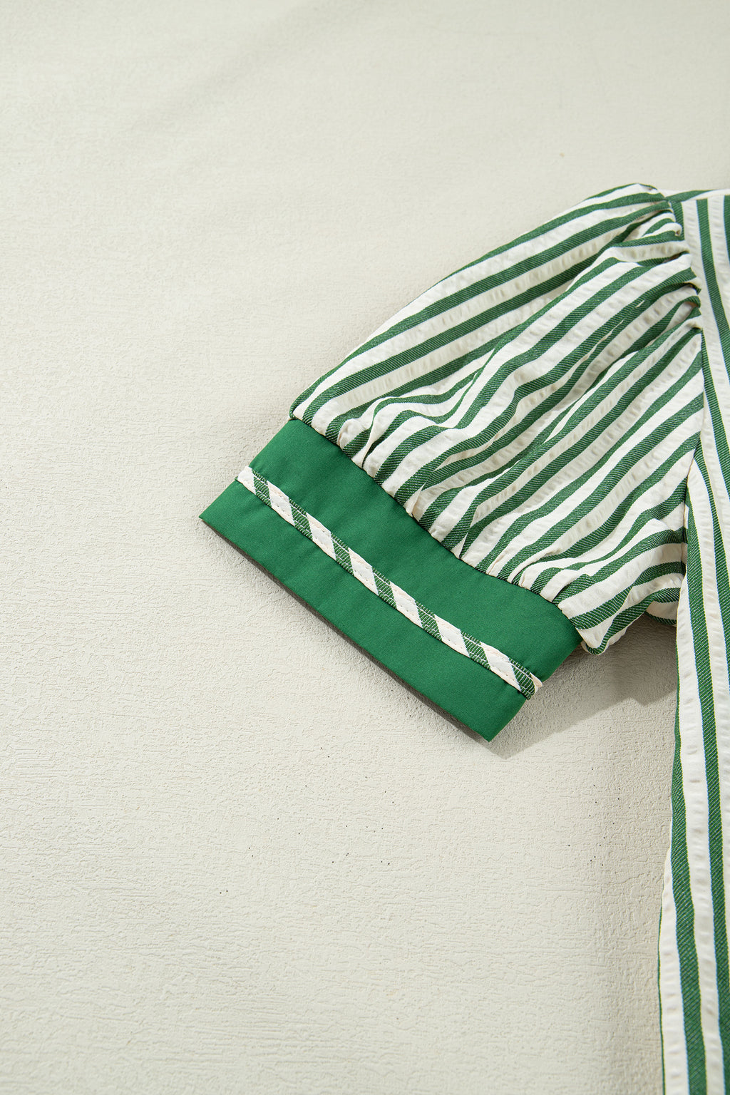 Green stripe collared blouse with split neck and short bubble sleeves, made by Dear-Lover Dropshipping, perfect for casual wear.