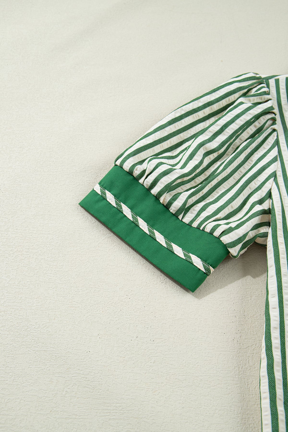 Green stripe collared blouse with split neck and short bubble sleeves, made by Dear-Lover Dropshipping, perfect for casual wear.