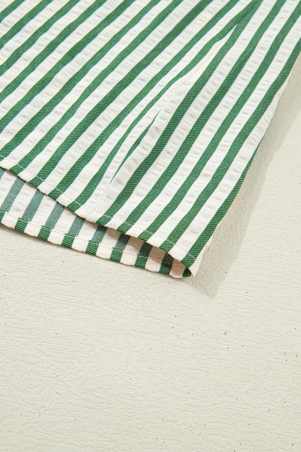 Green stripe collared blouse with split neck and short bubble sleeves, made by Dear-Lover Dropshipping, perfect for casual or office wear.