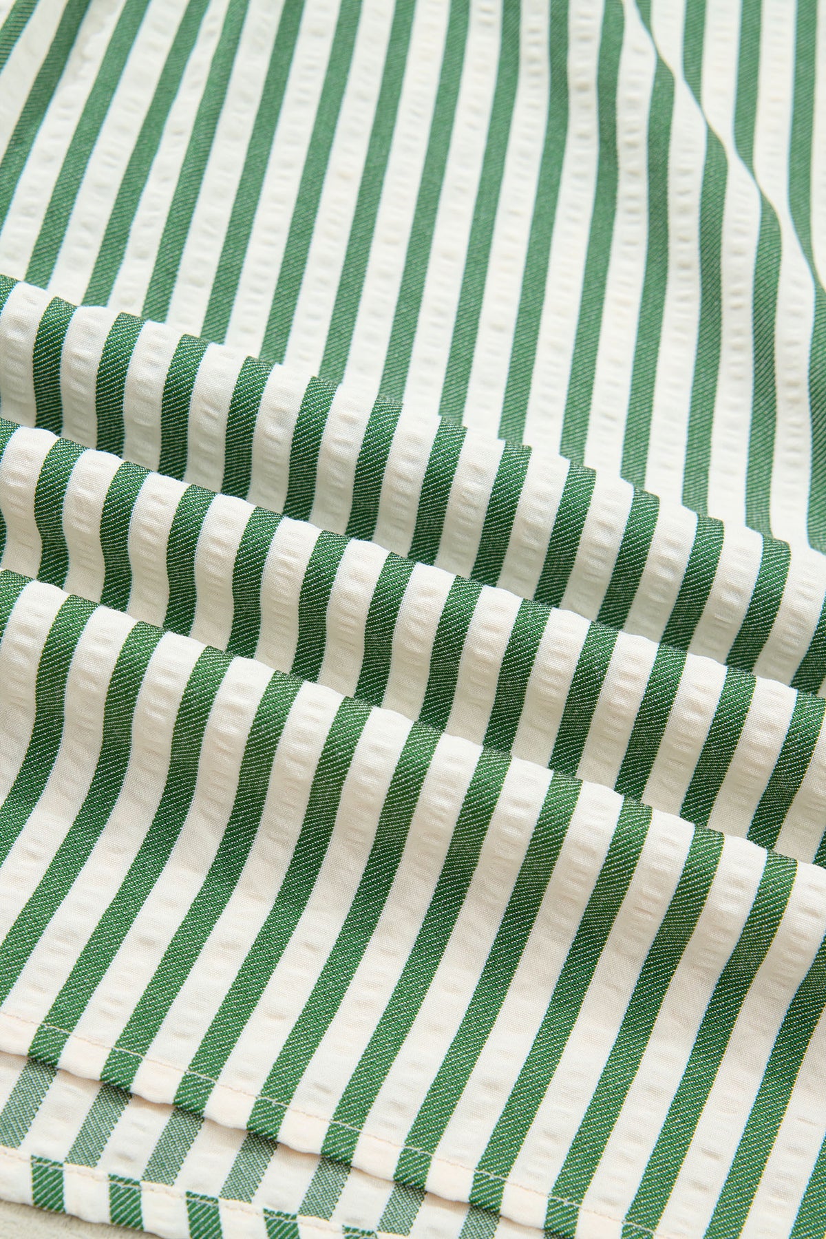 Green stripe collared split neck blouse with short bubble sleeves by Dear-Lover Dropshipping, made of polyester and viscose fabric.