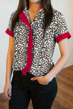Khaki leopard print blouse with contrast frilled V-neck trim, long sleeves, and lightweight polyester fabric from Dear-Lover.