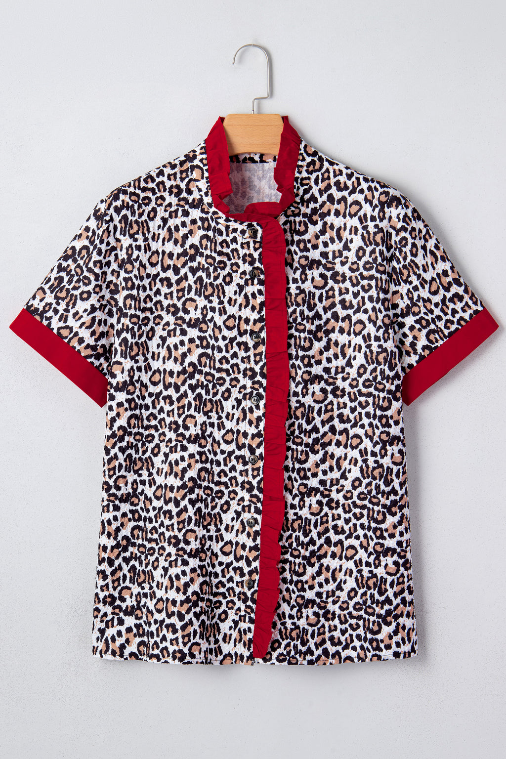 Khaki leopard print blouse with frilled V-neck trim from Dear-Lover, made of polyester, featuring contrasting details and stylish design.