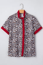 Khaki leopard print blouse with frilled V-neck trim from Dear-Lover, made of polyester, featuring contrasting details and stylish design.