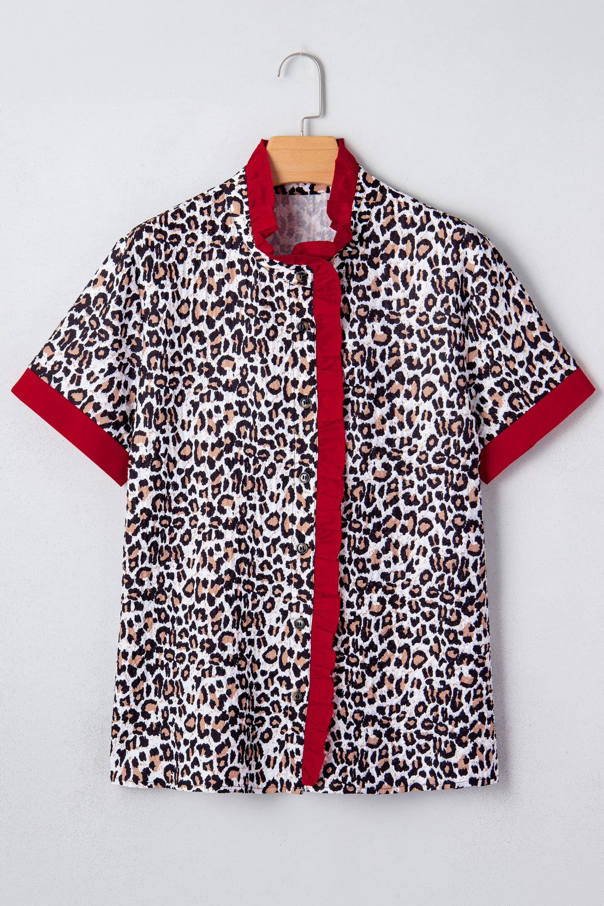Khaki leopard print blouse with frilled V-neck trim from Dear-Lover, made of polyester, featuring contrasting details and stylish design.
