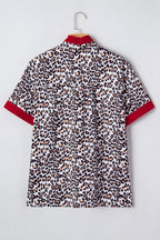 Khaki leopard print blouse with frilled V-neck trim from Dear-Lover, featuring contrast details, made of polyester fabric.