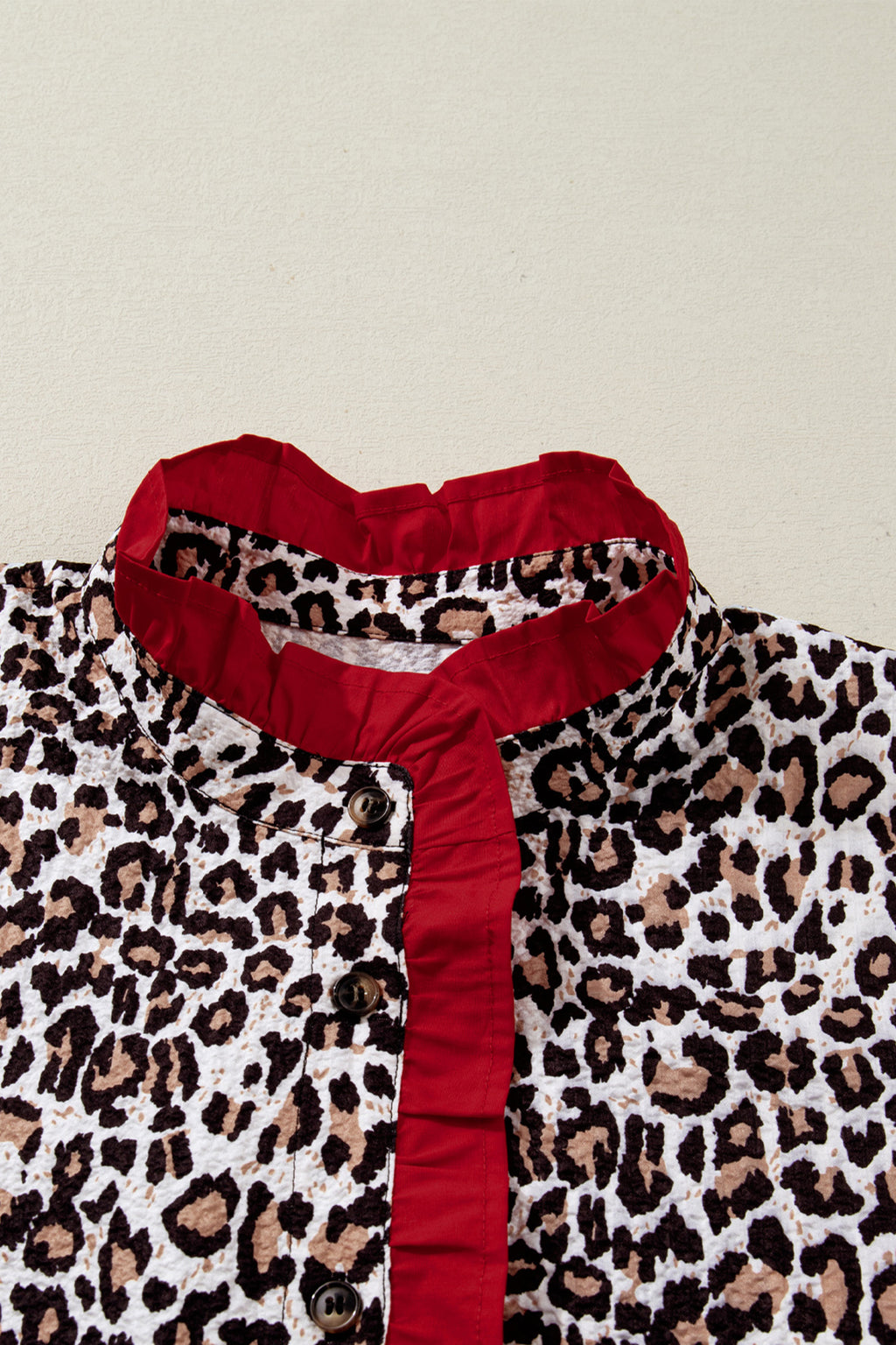 Khaki leopard print blouse with contrast frilled V-neck trim from Dear-Lover, featuring long sleeves and stylish design.
