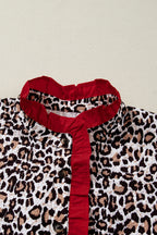 Khaki leopard print blouse with contrast frilled V-neck trim from Dear-Lover, featuring long sleeves and stylish design.