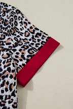 Khaki leopard print blouse with contrast frilled V-neck trim, long sleeves, silky polyester fabric, stylish and feminine.