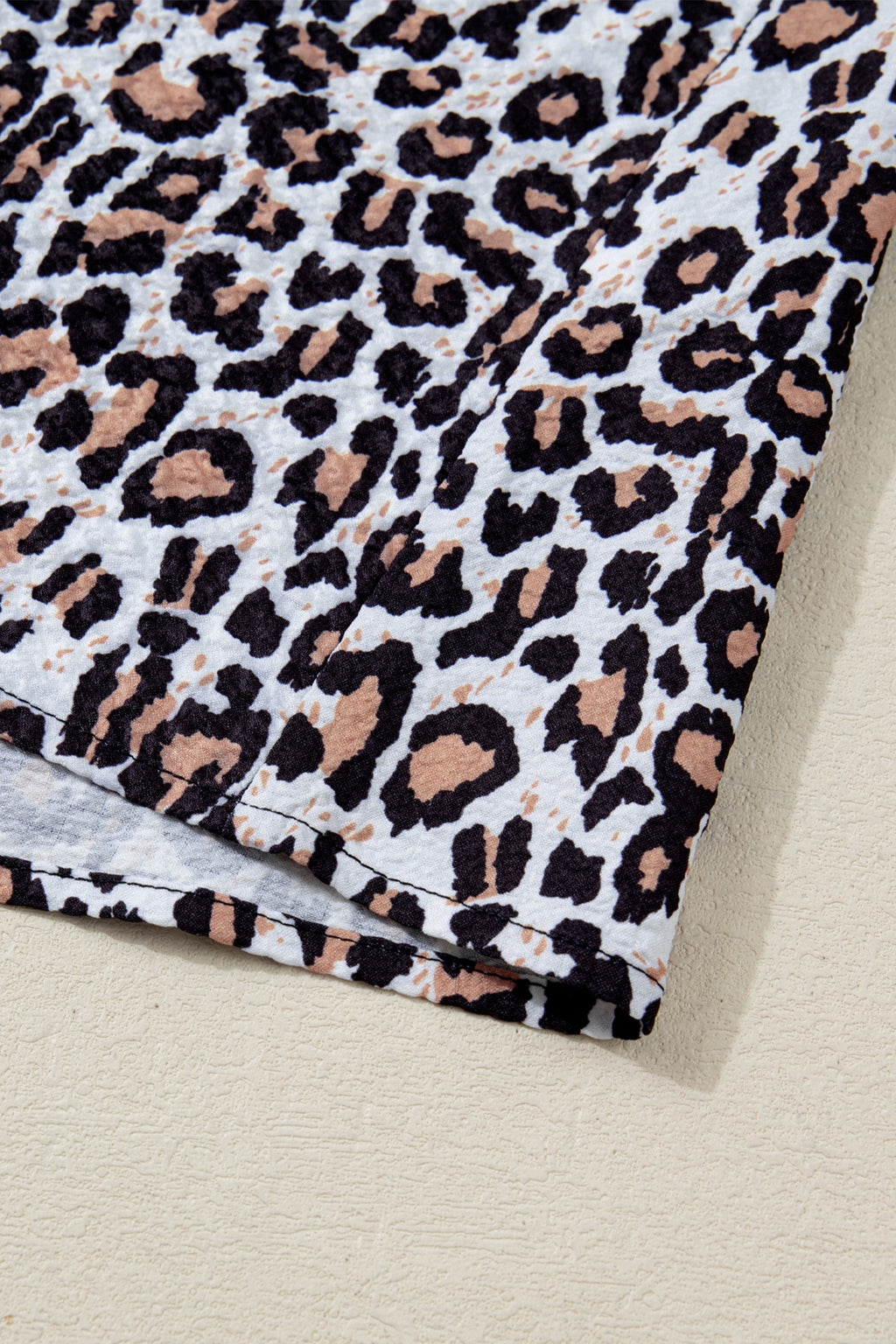 Khaki leopard print blouse with contrast frilled V-neck trim, long sleeves, and button front from Dear-Lover Tops collection.