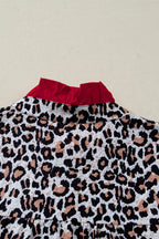 Khaki leopard print blouse with frilled V-neck trim by Dear-Lover, featuring contrast details and lightweight polyester fabric.