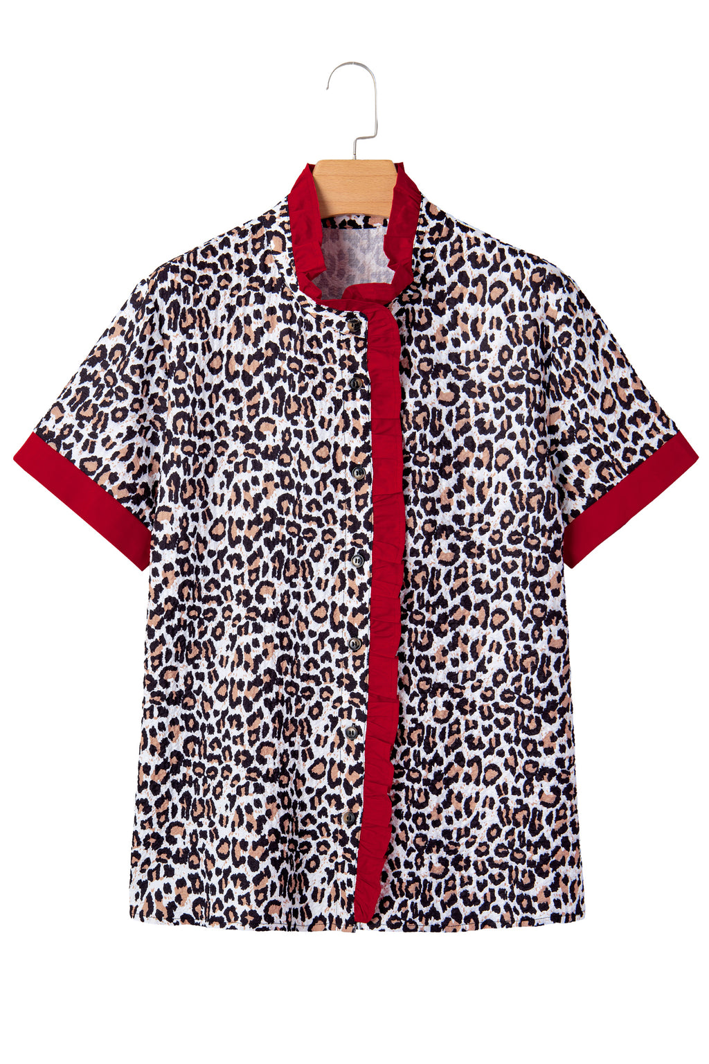 Khaki leopard print blouse with contrast frilled V-neck trim from Dear-Lover, featuring long sleeves and polyester fabric.
