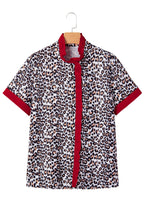 Khaki leopard print blouse with contrast frilled V-neck trim from Dear-Lover, featuring long sleeves and polyester fabric.
