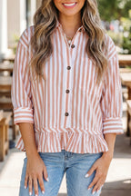 Khaki stripe button-front ruffle hem bracelet sleeve blouse by Dear-Lover, casual tops with stylish design and soft fabric.