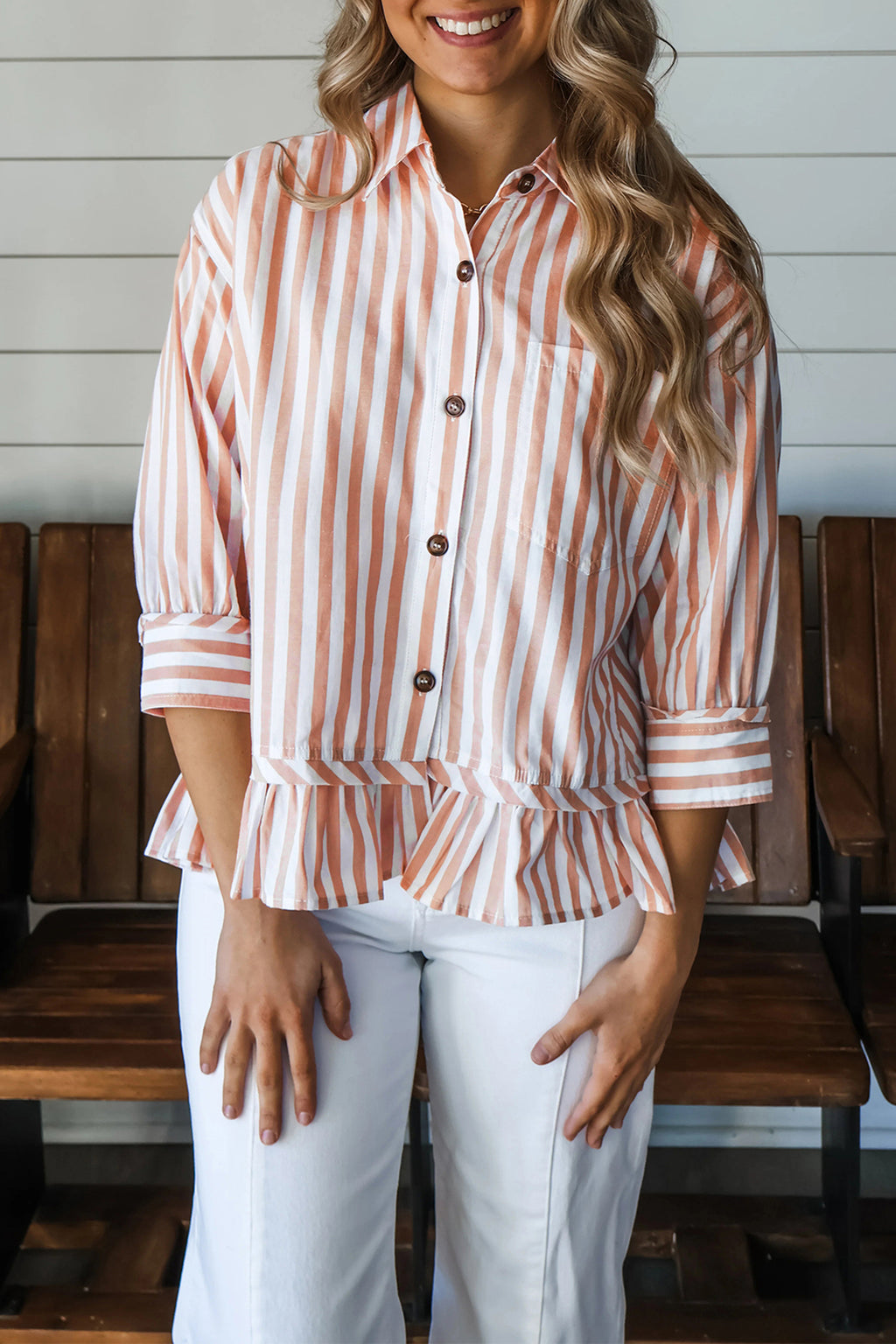 Khaki stripe button-front blouse with ruffle hem and bracelet sleeves from Dear-Lover, made of polyester and elastane.
