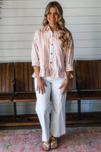 Khaki stripe button-front blouse with ruffle hem and bracelet sleeves, made by Dear-Lover, stylish top for casual wear.