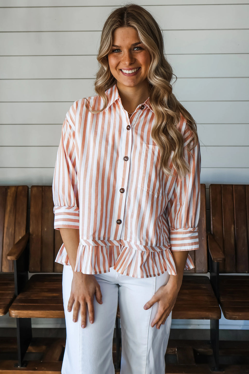 Khaki stripe button-front blouse with ruffle hem and bracelet sleeves, stylish Dear-Lover tops and blouses for women.