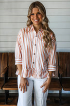 Khaki stripe button-front blouse with ruffle hem and bracelet sleeves, stylish Dear-Lover tops and blouses for women.