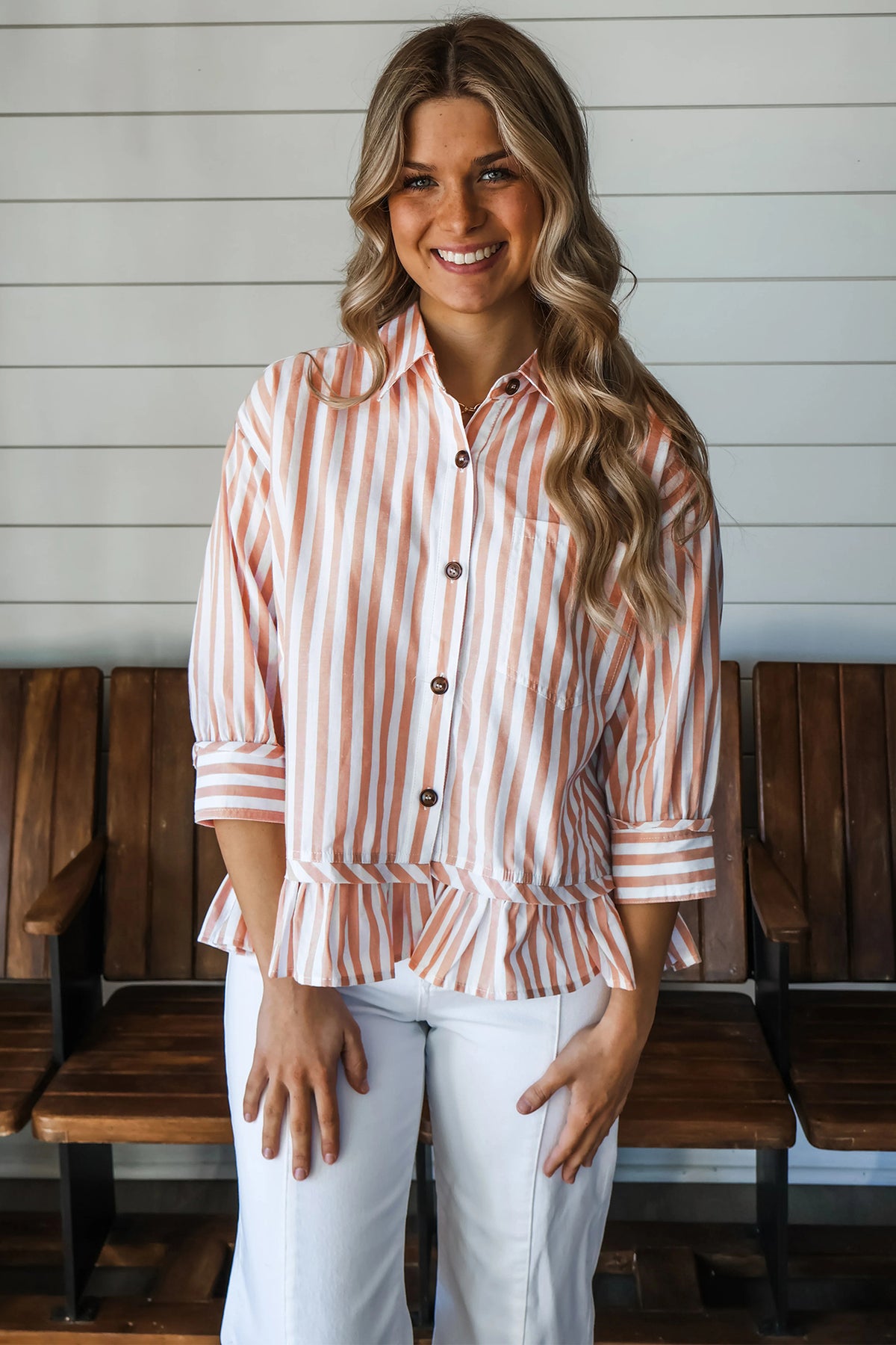Khaki stripe button-front blouse with ruffle hem and bracelet sleeves, stylish Dear-Lover tops and blouses for women.