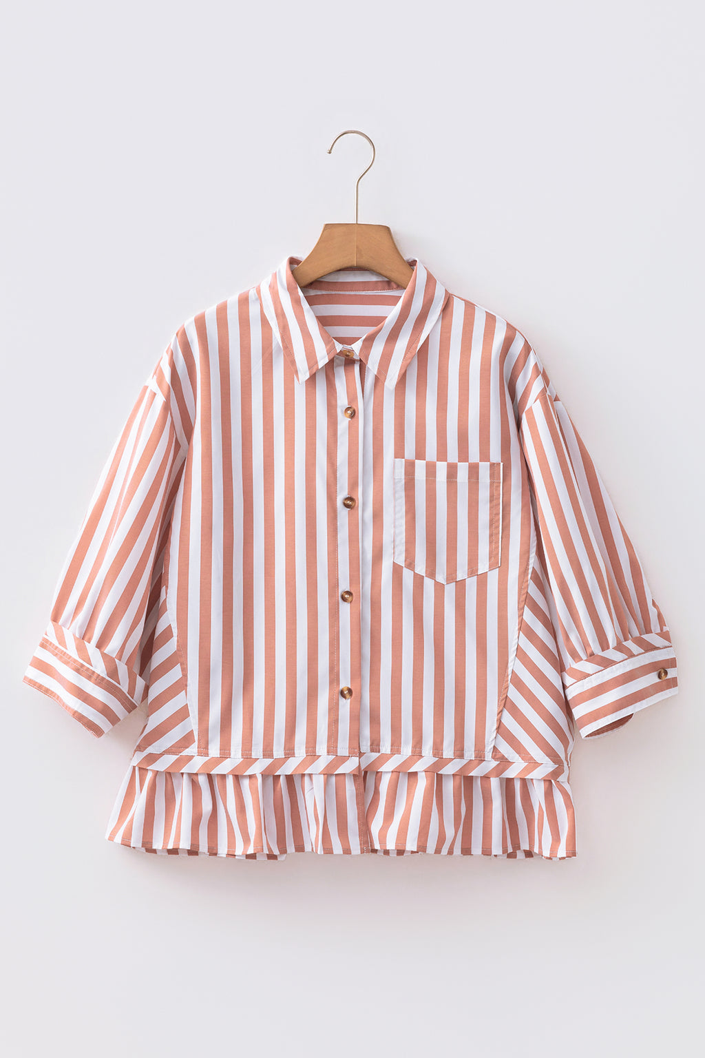 Khaki stripe button-front blouse with ruffle hem and bracelet sleeves, made of polyester and elastane, by Dear-Lover.