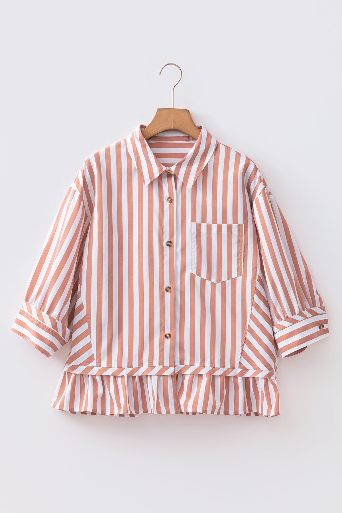 Khaki stripe button-front blouse with ruffle hem and bracelet sleeves, made of polyester and elastane, by Dear-Lover.