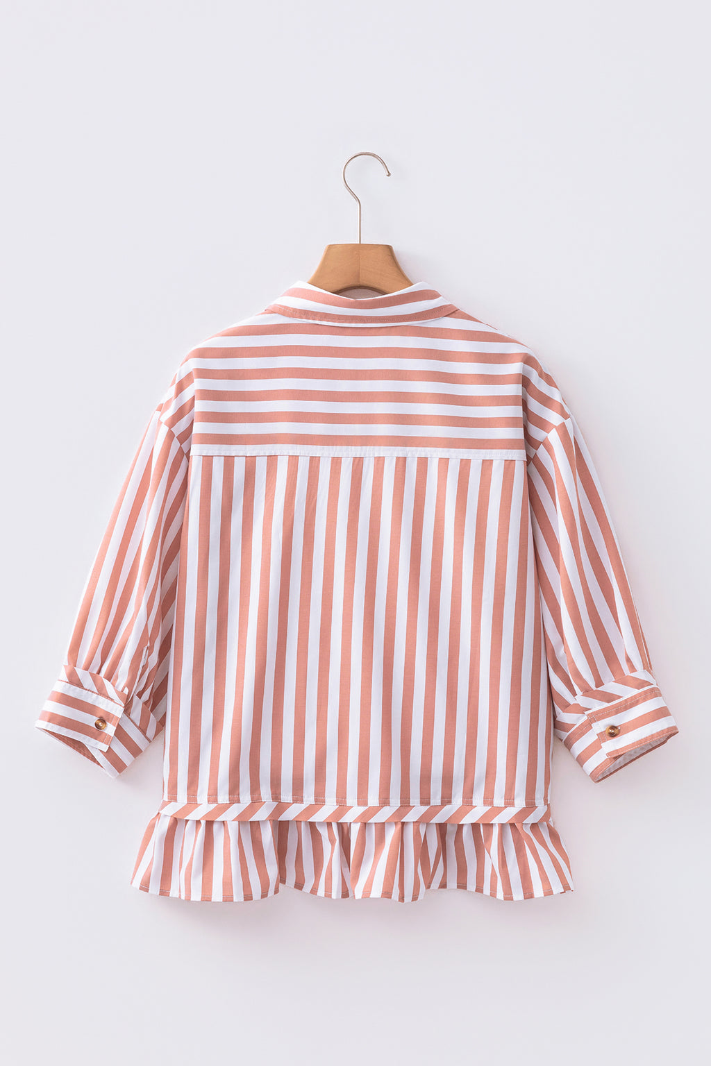Khaki stripe button-front blouse with ruffle hem and bracelet sleeves from Dear-Lover, made of polyester and elastane.