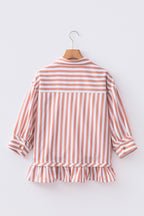 Khaki stripe button-front blouse with ruffle hem and bracelet sleeves from Dear-Lover, made of polyester and elastane.