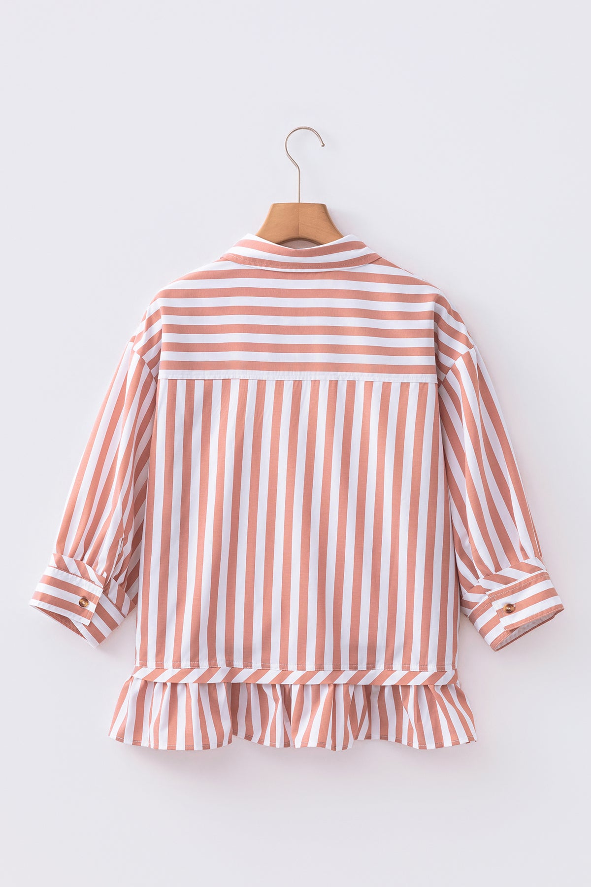 Khaki stripe button-front blouse with ruffle hem and bracelet sleeves from Dear-Lover, made of polyester and elastane.