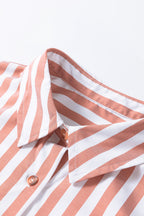 Khaki stripe button-front blouse with ruffle hem and bracelet sleeves, stylish Dear-Lover tops and blouses for women.