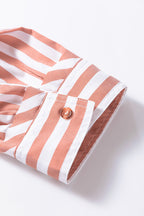 Khaki stripe button-front blouse with ruffle hem and bracelet sleeves by Dear-Lover, casual tops and blouses for women.