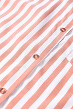 Khaki stripe button-front blouse with ruffle hem and bracelet sleeves, stylish Dear-Lover tops for casual or office wear.