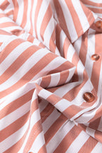 Khaki stripe button-front blouse with ruffle hem and bracelet sleeves, made of polyester and elastane, by Dear-Lover.