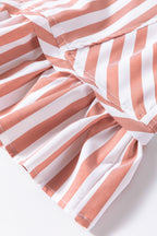 Khaki stripe button-front blouse with ruffle hem and bracelet sleeves, made by Dear-Lover, casual top for women.