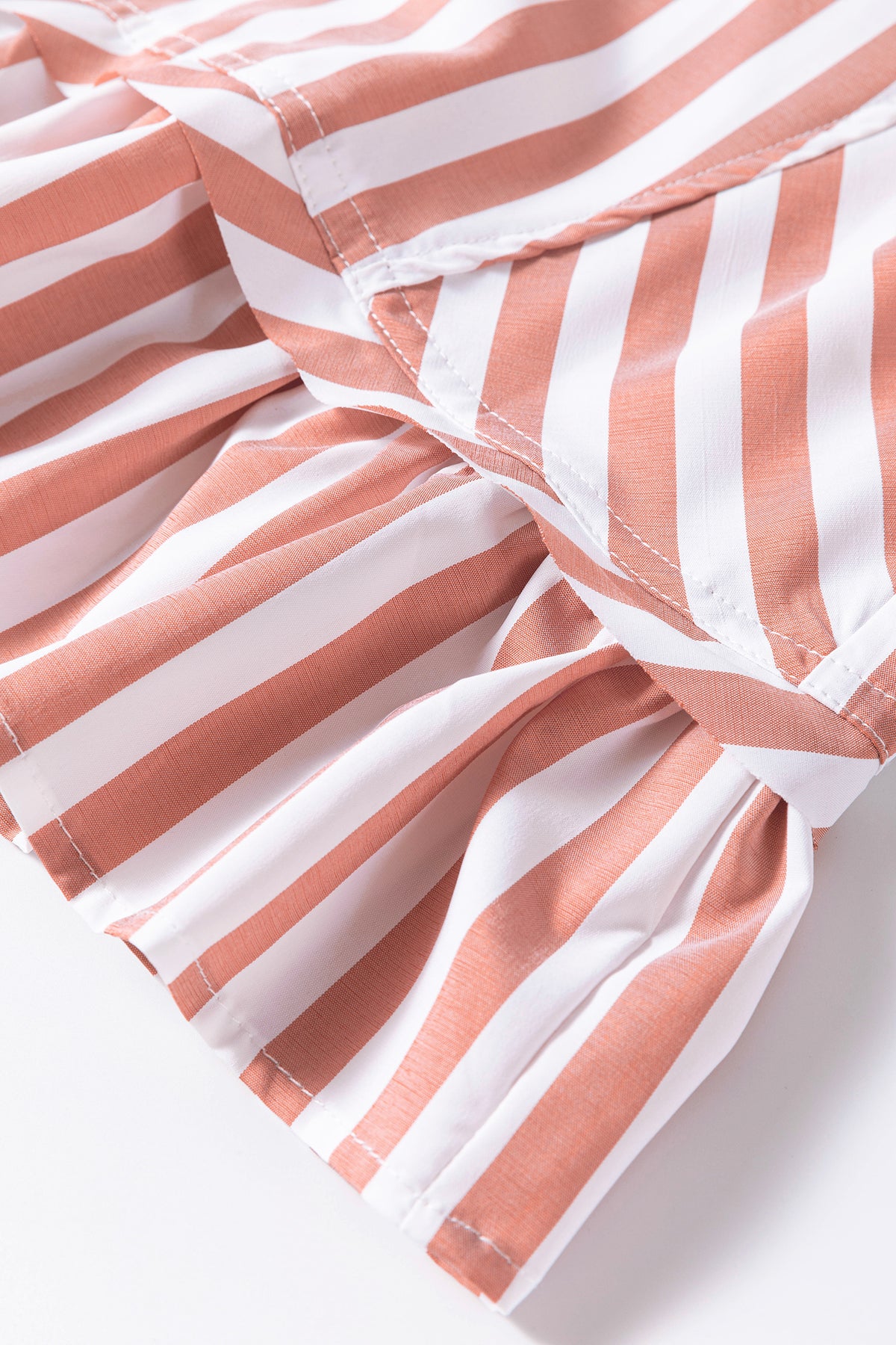 Khaki stripe button-front blouse with ruffle hem and bracelet sleeves, made by Dear-Lover, casual top for women.