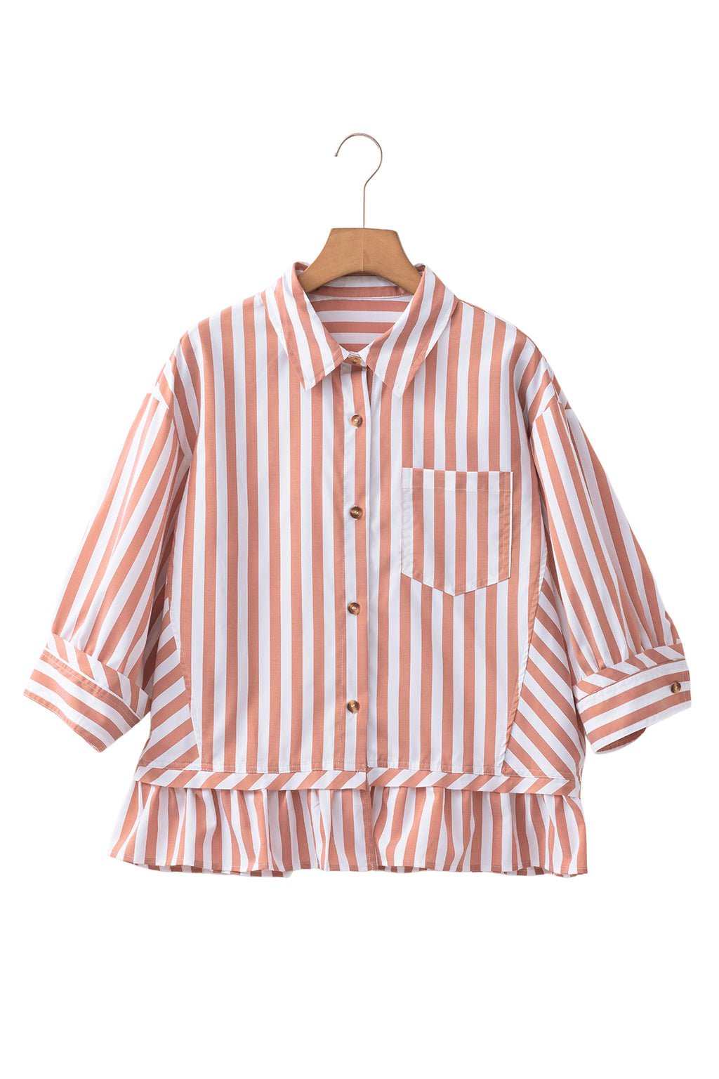 Khaki stripe button-front blouse with ruffle hem and bracelet sleeves, stylish top from Dear-Lover Dropshipping.