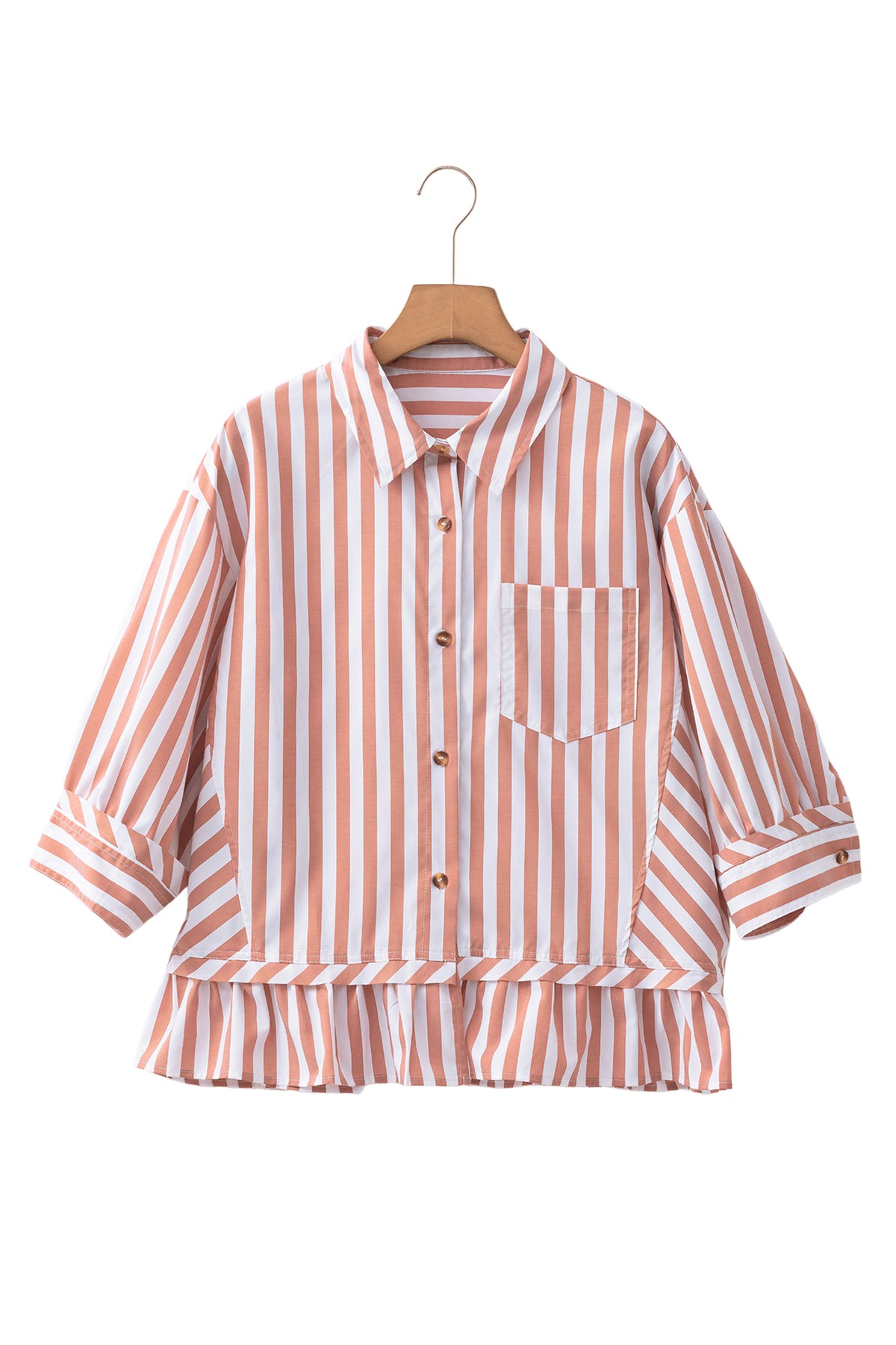 Khaki stripe button-front blouse with ruffle hem and bracelet sleeves, stylish top from Dear-Lover Dropshipping.