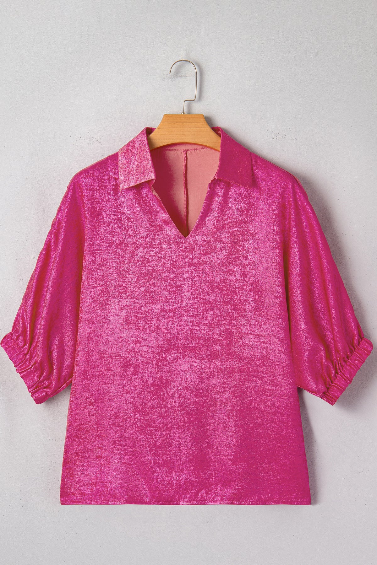 Dear-Lover metallic V-neck blouse with collar and half sleeves, made of shiny polyester fabric, suitable for stylish tops.