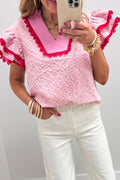 Pink eyelet embroidered flower texture flutter sleeve blouse with contrast lace trim, made of polyester and cotton, by Dear-Lover.