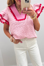 Pink eyelet embroidered flower texture flutter sleeve blouse with contrast lace trim, made of polyester and cotton, by Dear-Lover.