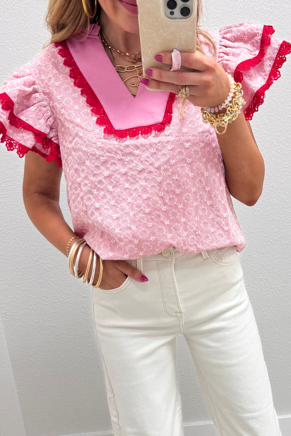 Pink eyelet embroidered flower texture flutter sleeve blouse with contrast lace trim, made of polyester and cotton, by Dear-Lover.