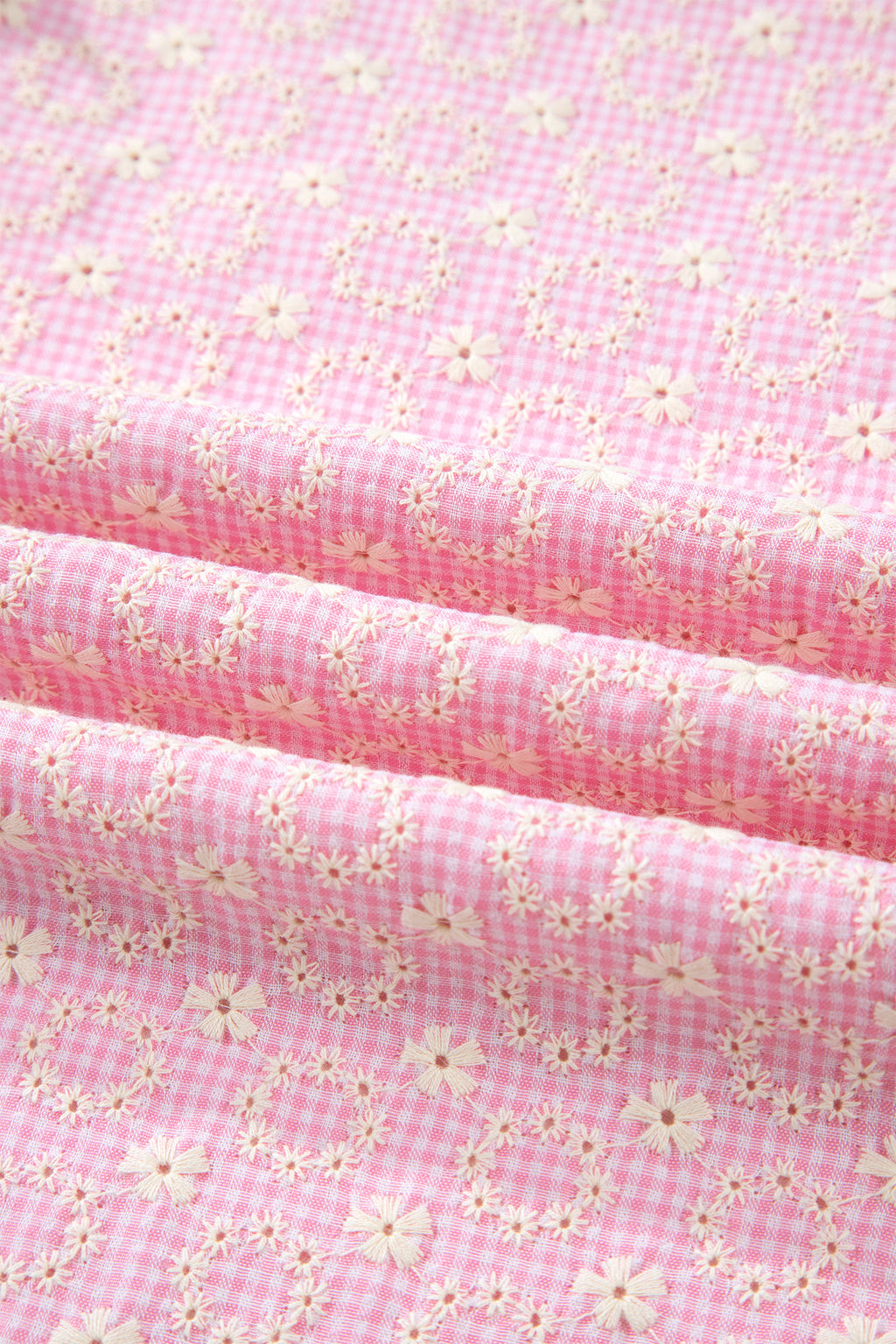 Pink eyelet embroidered flower texture blouse with contrast lace trim and flutter sleeves by Dear-Lover Dropshipping.