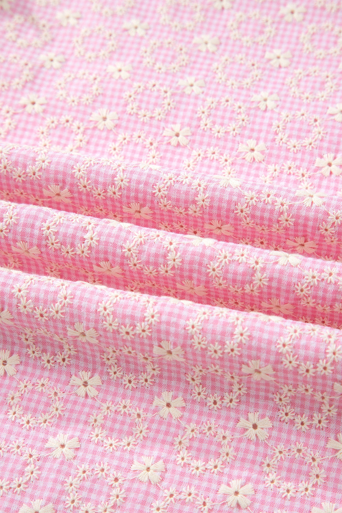Pink eyelet embroidered flower texture blouse with contrast lace trim and flutter sleeves by Dear-Lover Dropshipping.