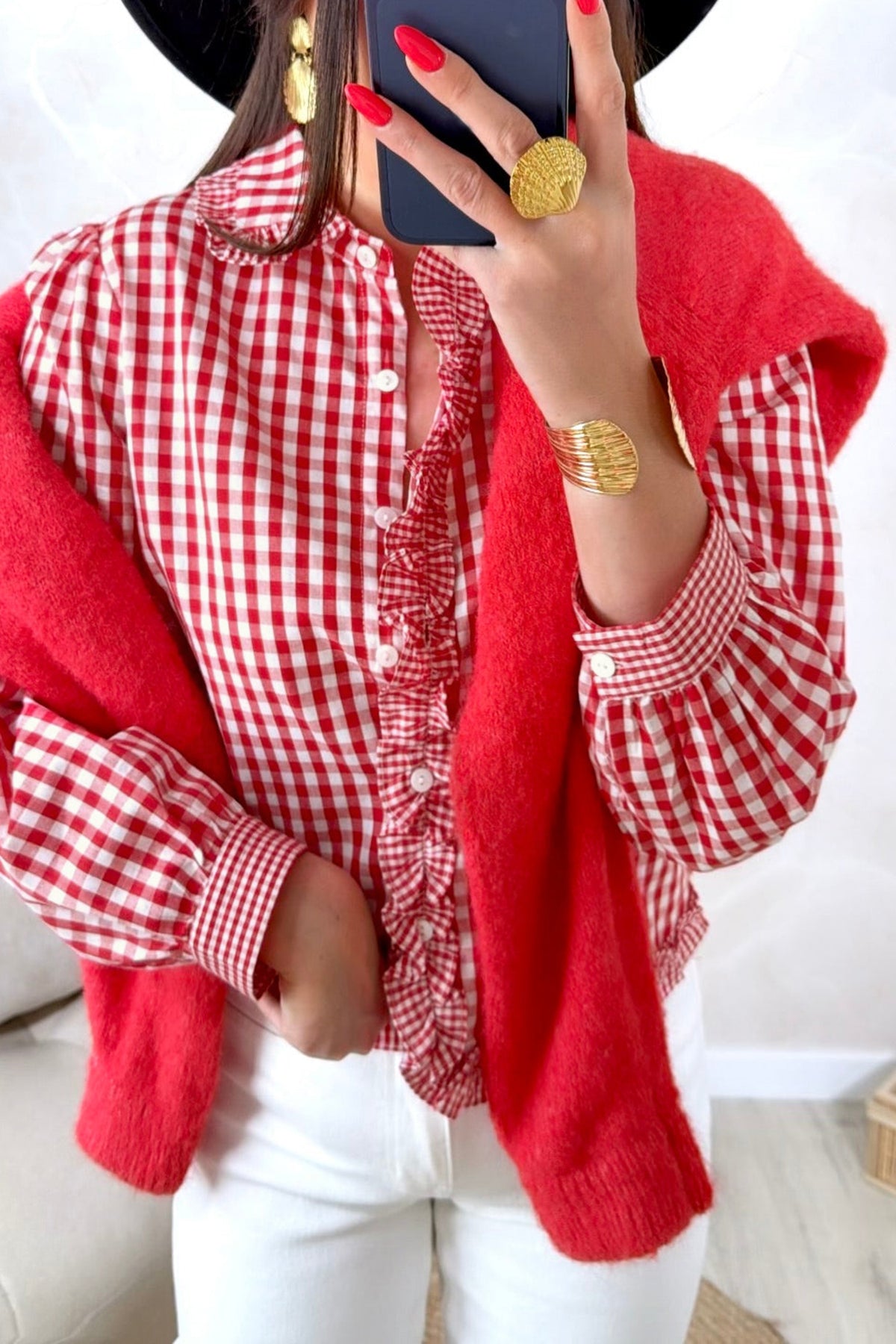 Red plaid long sleeve button-down shirt by Dear-Lover, featuring frill details and casual style, made of cotton and polyester blend.