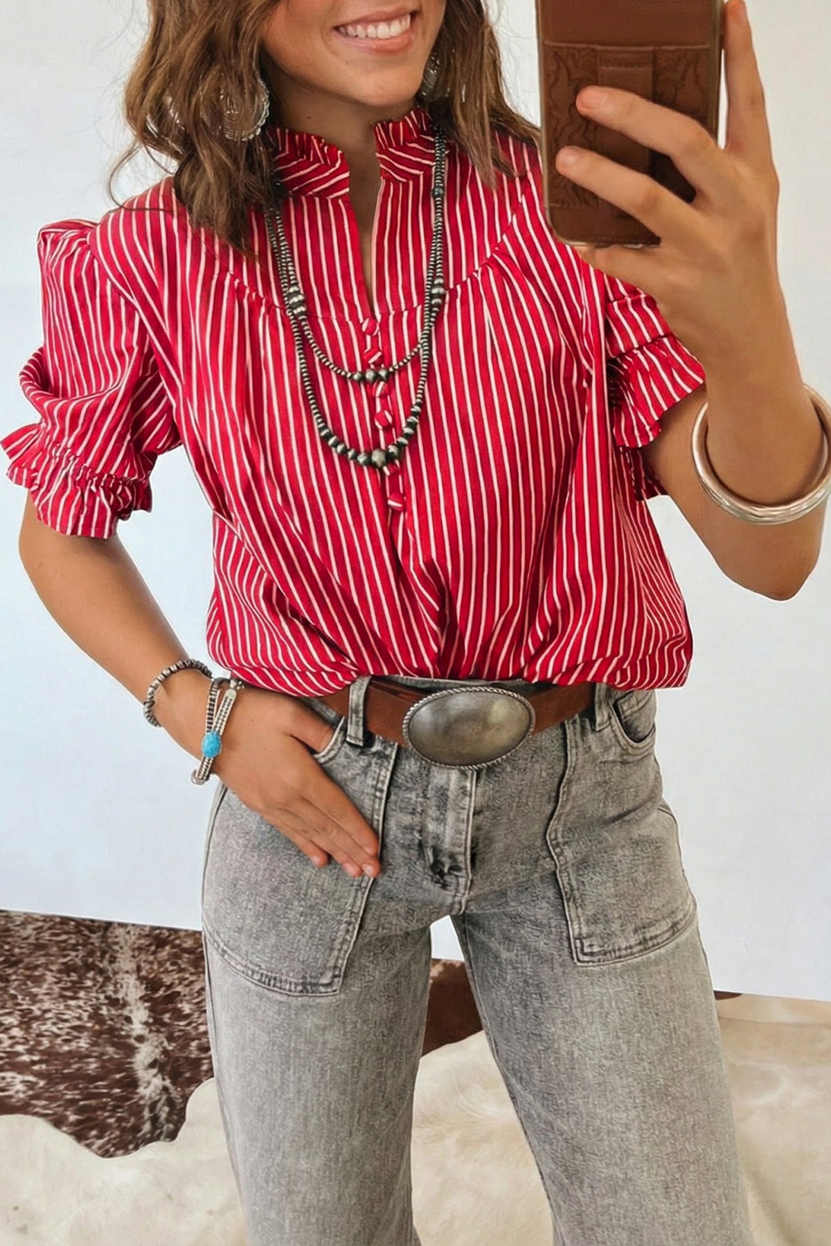 Red stripe ruffled short puff sleeve blouse by Dear-Lover, featuring button front and lightweight cotton-viscose fabric.