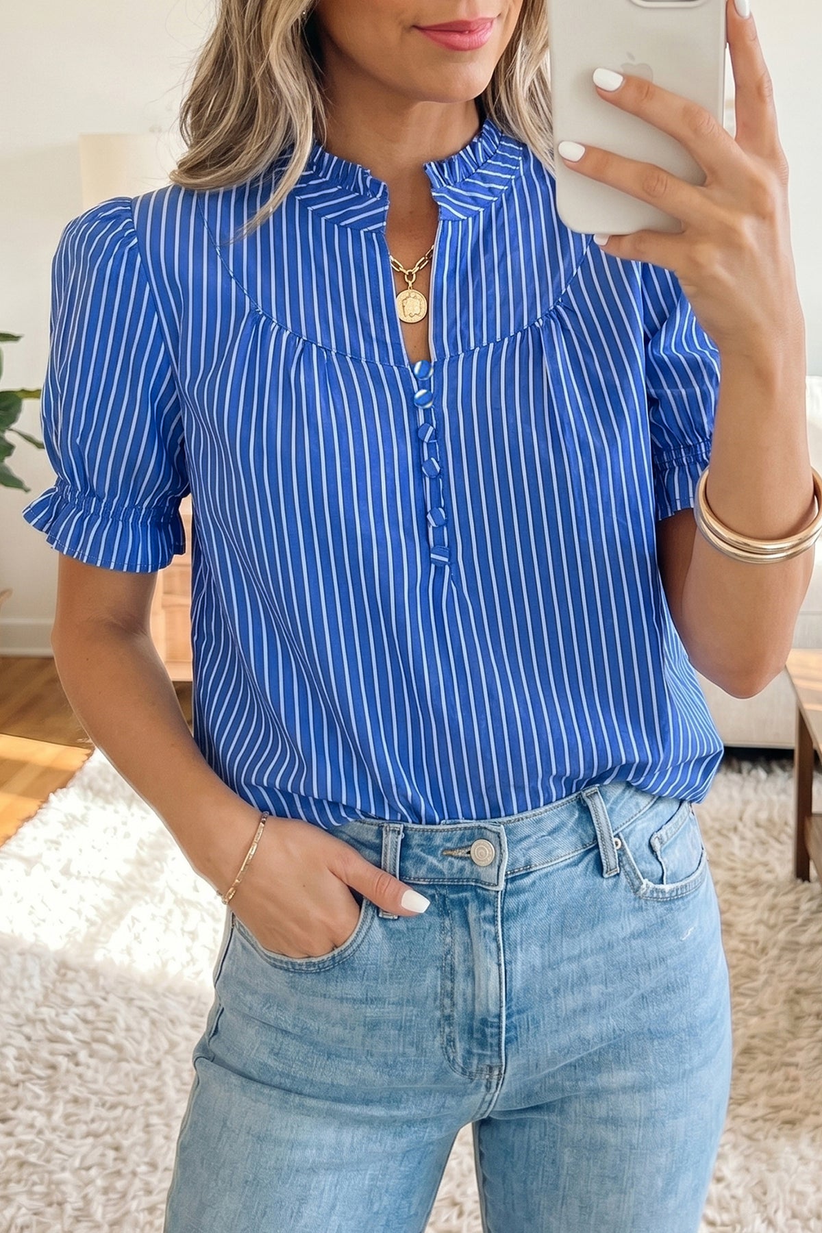 Red stripe Dear-Lover ruffled short puff sleeve blouse with button front, made of cotton and viscose, stylish and feminine top.