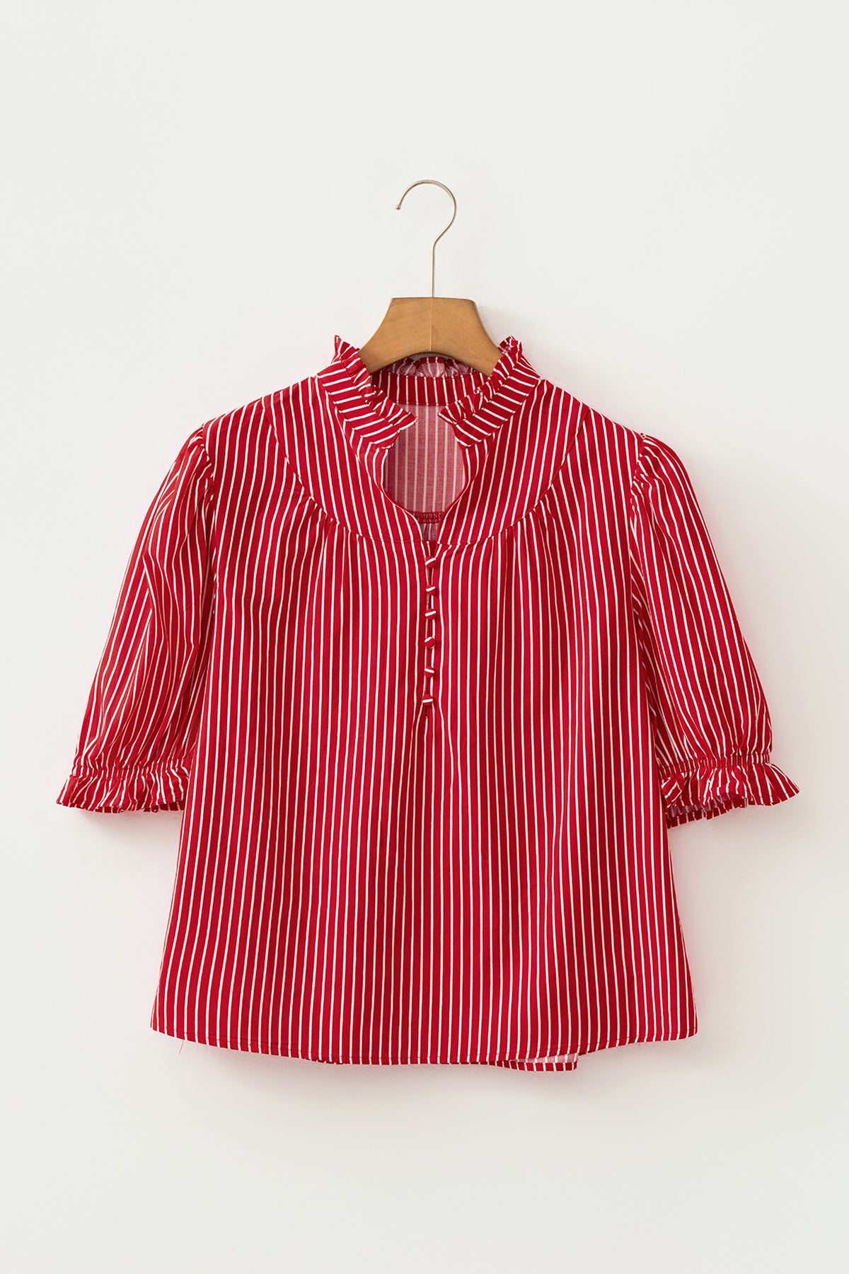 Red stripe Dear-Lover short puff sleeve blouse with ruffles and button front, made of cotton and viscose, stylish women's top.
