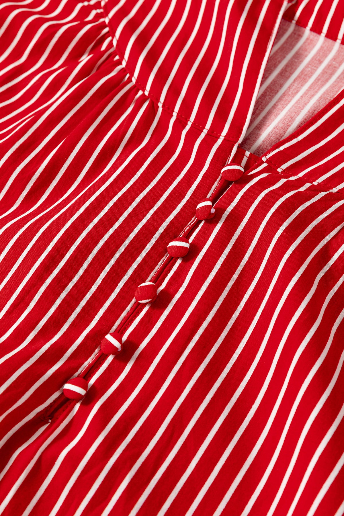 Red stripe ruffled short puff sleeve blouse from Dear-Lover, button-front cotton-viscose top with feminine detailing.